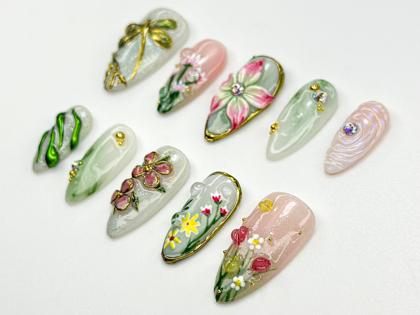 上品 フラワー Garden ネイルチップ｜3D Wildフラワー & Dragonfly ネイル｜ナチュラル・風 フラワー ネイルアート｜上品 春 ネイルチップ｜JC816HC