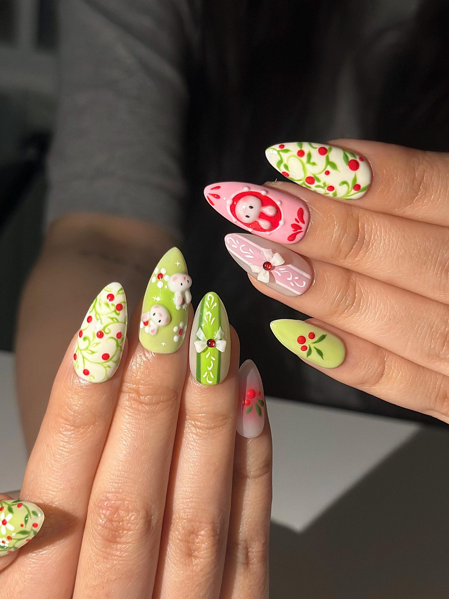 バニー Easter ネイルチップ｜3D かわいい ラビット ネイル｜春 パステル グリーン ピンク ネイル｜Kawaii Fruit ネイルアート｜ハンドメイド ネイルチップ｜HB1294HC