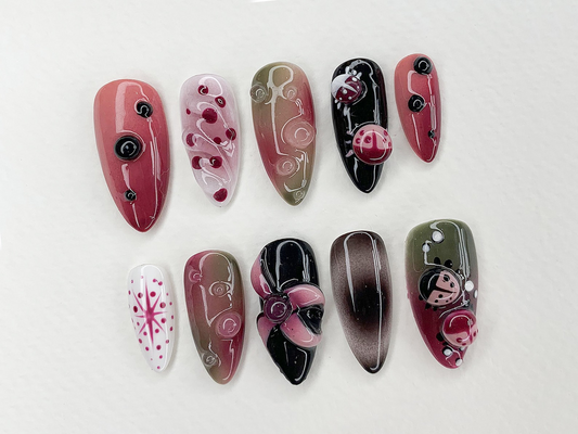 3D Insect Garden ネイルチップ｜カスタム Jelly フラワー ハンドメイド てんとう虫 ネイルチップ｜Acrylic Gel ネイルアート｜手描き ネイルチップ｜JC427AG