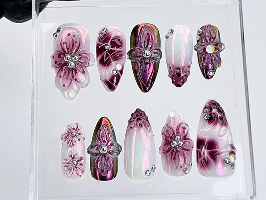 Burgundy 3D フラワー ネイルチップ｜Glossy ピンク グラデーション ネイルチップ｜Holographic フラワー ネイルアート｜上品 ネイル｜Ready to Ship｜HC828YK