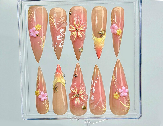Sunset Blossom Whisper ネイルチップ｜3D パステル フラワー ネイルアート｜上品 ヌーディー & Coral Tones｜ハンドメイド オンブレ フラワー ネイル｜HC999EK