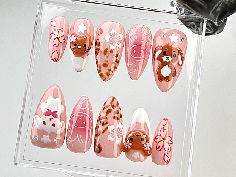 Kawaii Cartoon ネイルチップ｜かわいい ピンク キャット & バニー ネイルアート｜ピンク Animal ネイルチップ｜Kawaii パステル Nail Polish｜かわいい ネイル｜HB680YC