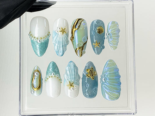 Mermaid Ocean ネイルチップ｜ブルー Ocean・風 Designs with グリッターy Oceanic, 3D スターfish｜カスタム ハンドメイド ネイルチップ｜HD503AL