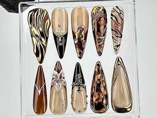 ブラック & ゴールド Marble ネイルチップ｜Leopard Print, ブラウン ネイルチップ｜ナチュラル・風 Designs ネイルアート｜Edgy ゴシック ネイル｜HB694YK