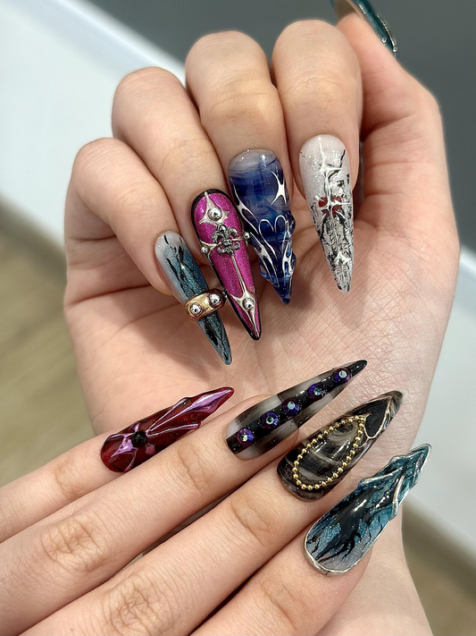 アーティスティック ゴシック ネイルチップ｜Dark Marble Abstract ネイル｜ハンドメイド スティレット ネイルアート｜HB1268GC
