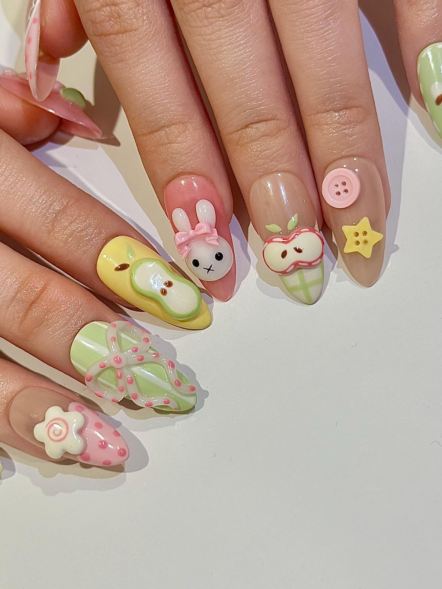 Kawaii バニー Easter ネイルチップ, パステル グリーン and ピンク チェック ネイル, Colorful パステル ギンガム ネイルチップ For かわいい Lover, HB1291H