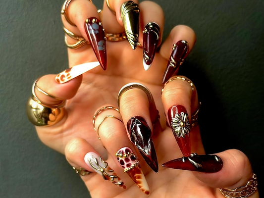 秋 Baroque Elegance ネイルチップ｜秋 Burgundy & Bronze ネイルアート｜3D フラワー And メタリック Accents｜ゴシック 秋 Design｜HC1092EK