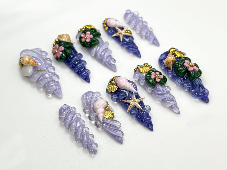 Mermaid Shell Spiral ネイルチップ｜Ocean・風 3D ネイルアート｜Seashell スターfish Lilac ネイル｜Fairycore Beach ネイルセット｜JB861H