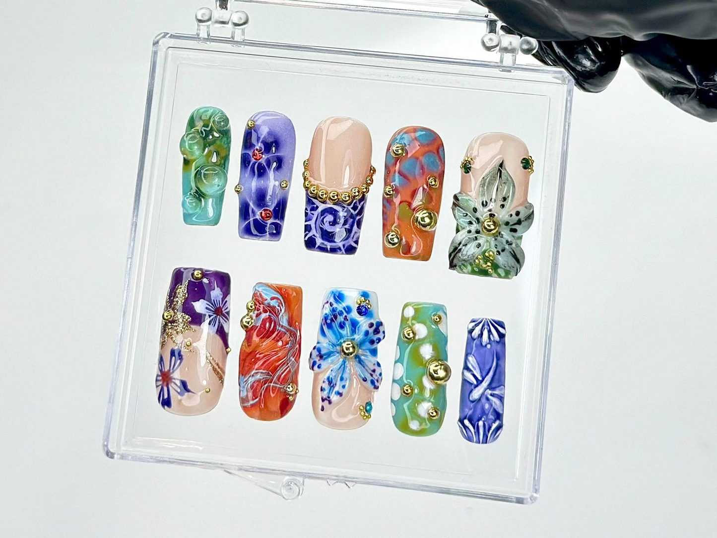 Colorful Glass フラワー ネイルチップ｜Glass・風 ネイルアート｜Resin フラワー Design ネイルチップ｜上品 アーティスティック ネイルチップ｜HB958YC