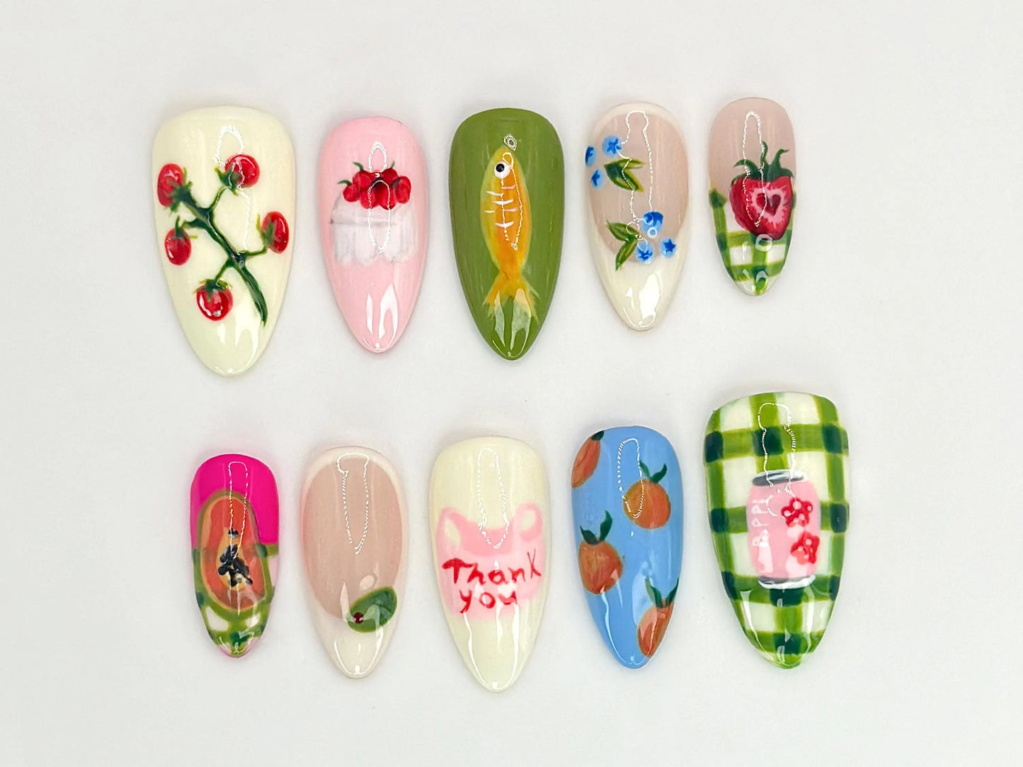 Fruit Garden カスタム ネイルチップ｜手描き Watermelon, いちご & Citrus ネイルアート｜Vegan・Friendly Nail Designs｜JB525HC