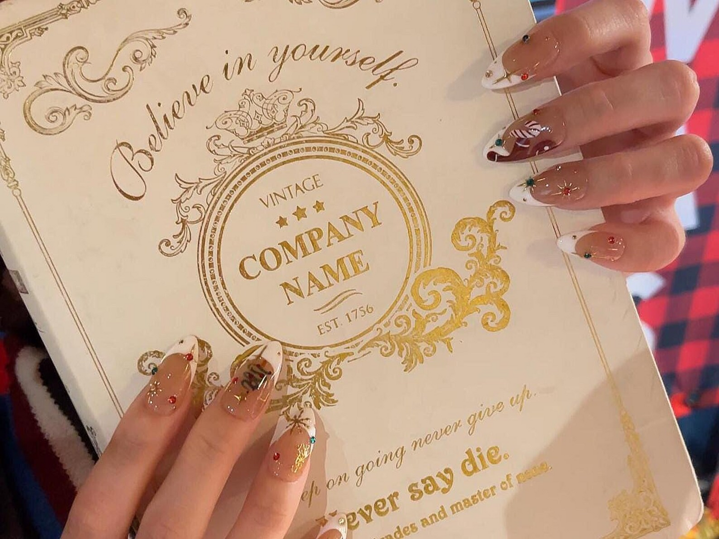 ホワイト French クリスマス ネイルチップ｜レッド グリーン ゴールド ホリデー ネイルチップ｜クリスマス Tree & Candy Cane ネイル｜上品 冬 Nail｜JB223HC