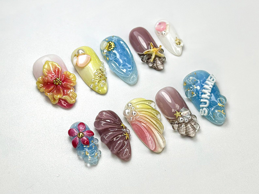 夏 Tropical ネイルチップ｜Beach Vibes ネイルアート｜3D スターfish & Shell ネイル｜ハンドメイド 3D 夏 ネイル｜Beachy Nail｜JB699HC