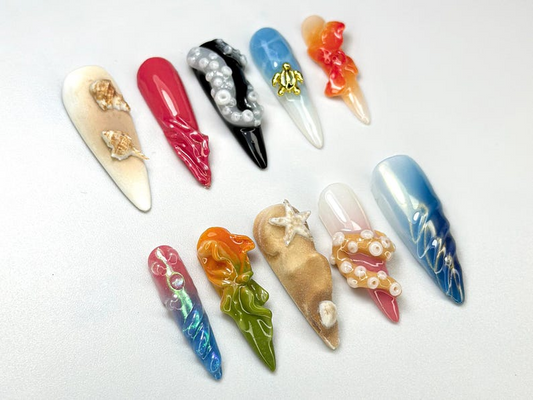 Beach Vaキャットion 夏 ネイルチップ｜Ocean・風 アーティスティック ネイルセット｜3D ウェーブ & パール ネイル｜スターfish And Shell ネイルアート｜JB698HK