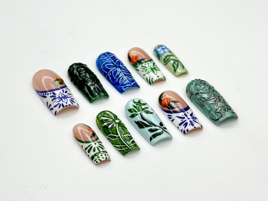Vintage Botanical ネイルチップ｜手描き Ceramic・風 ネイルアート｜グリーン Leaf Design｜ナチュラル・風 ネイルチップ｜JB933H