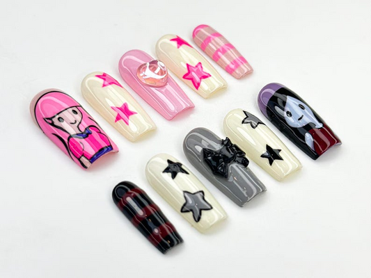 Adventure Time ネイルチップ｜Princess Bubblegum And Marceline ネイル｜かわいい & Edgy ハンドメイド ネイル｜Cartoon 風 ネイルチップ｜JB872HC