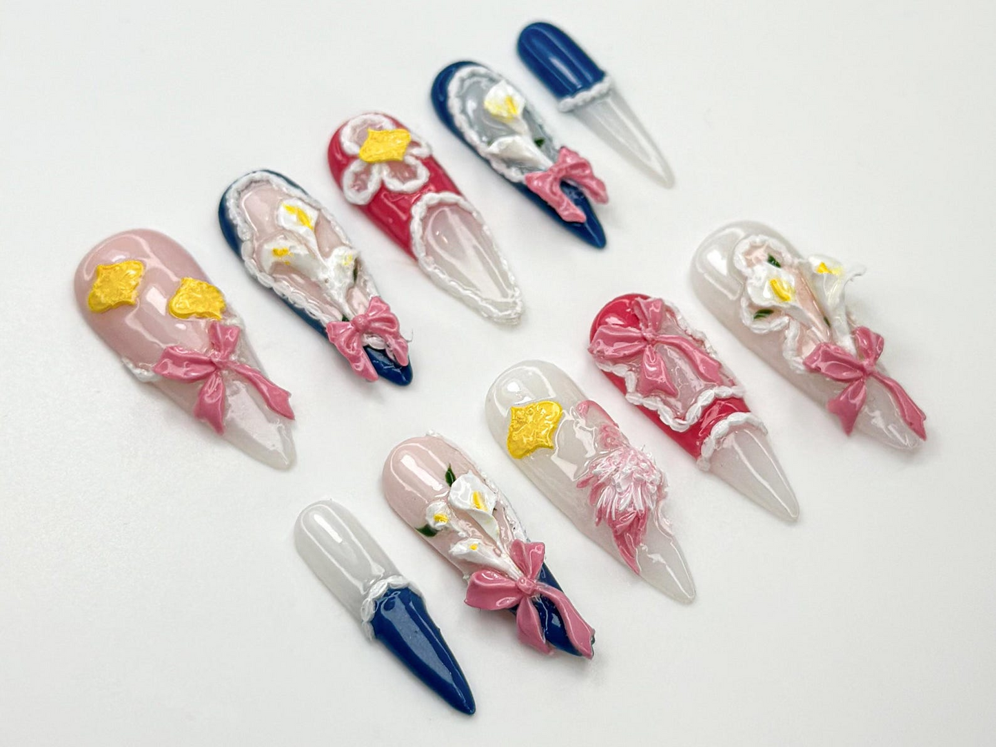 やさしい印象の ガーリー ネイルチップ｜ハンドメイド Lace フラワー ネイルアート｜上品 Lolita ネイルセット｜ロマンティック フラワー ネイルチップ｜Vintage ガーリー｜JB793HC