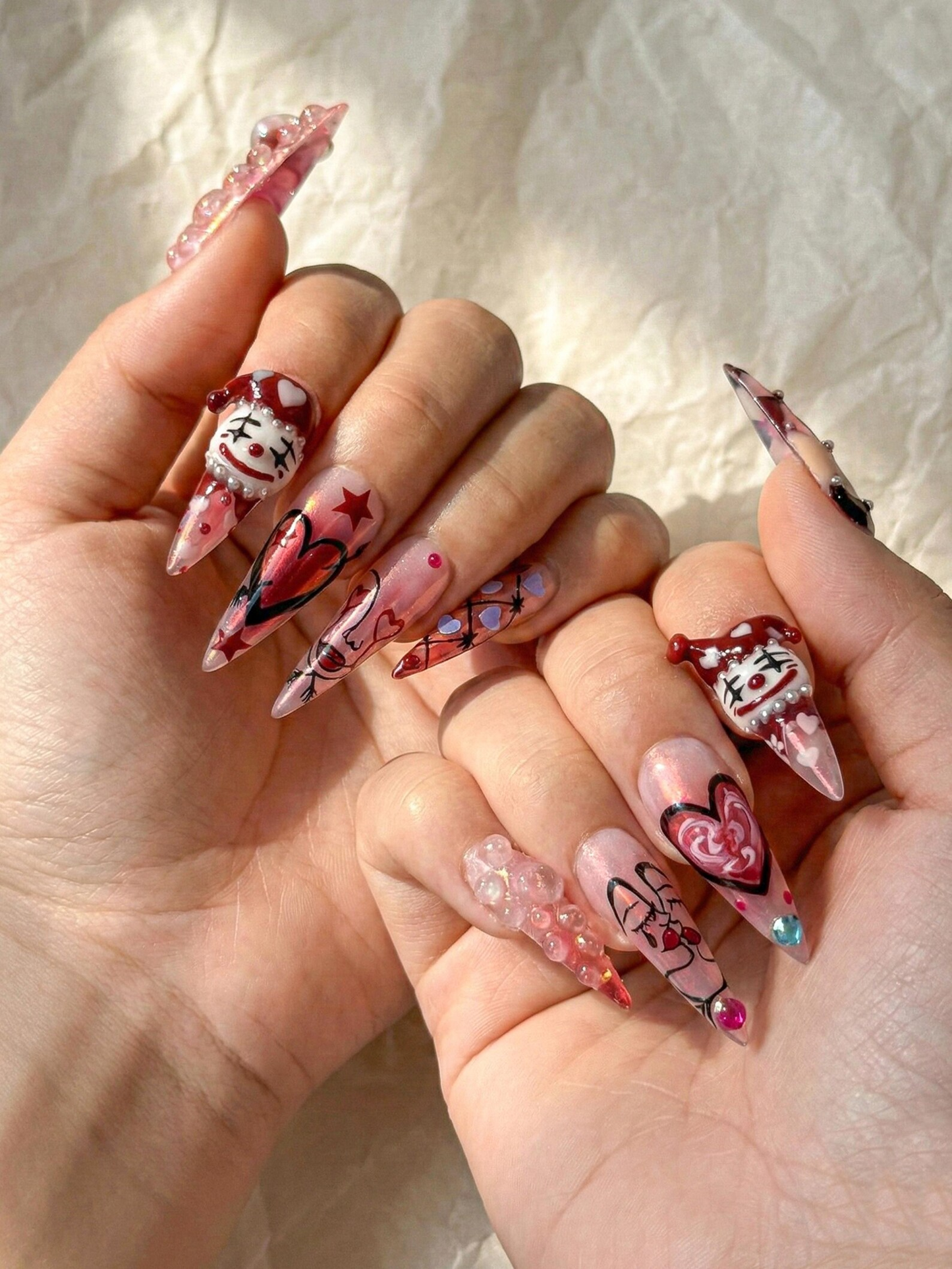 ゴシック バレンタイン クラウン ハート ネイルチップ for Dark Romance Girls, ハンドメイド ロング ピンク クローム ネイルチップ, Alternative Love Nail,JB278EC