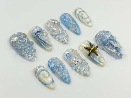 Ocean Dream Jellyfish ネイルチップ｜ブルー シー Fantasy ネイルアート Set｜3D Shell & スターfish ネイル｜ハンドメイド Oceanic Nail Design｜JB782HC