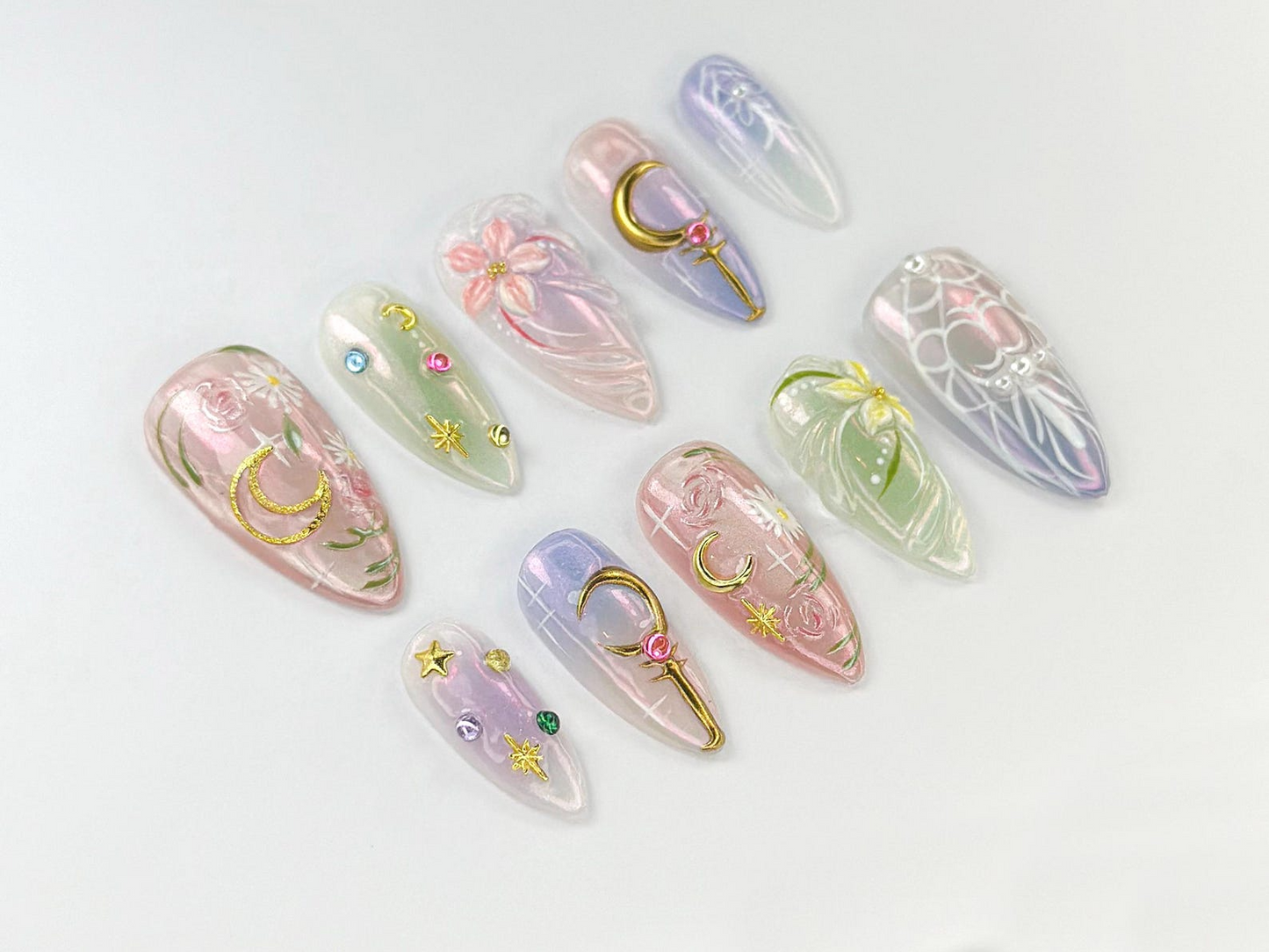 Sailor ムーン ネイルチップ｜パステル Magical Girl ネイルアート｜Iridescent Anime Design｜Kawaii Anime Press On｜ハンドメイド Cosplay Nail｜JB746HK
