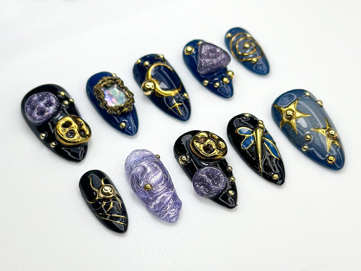 Cosmic Galaxy ネイルチップ｜Celestial ムーン スター ネイルアート｜Dark ブルー & ゴールド Mystical ネイル｜Opal Constellation Nail Design｜JC860H