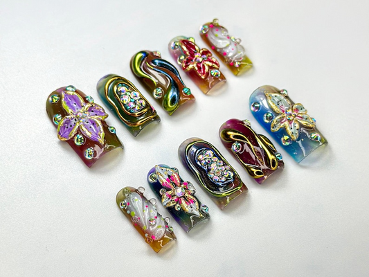 Dramatic クリスタル ネイルチップ｜Sparkling ハンドメイド ネイルアート｜Jewel & クリスタル ネイルセット｜ユニーク ハンドメイド Nail｜上品 ネイルチップ｜JB691HC