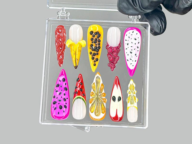 Tropical Fruit ネイルチップ｜Dragonfruit & Banana ネイルアート｜Colorful Fruit ネイルチップ｜Kawaii Fruit ネイルチップ｜夏 ネイル｜HB953YK