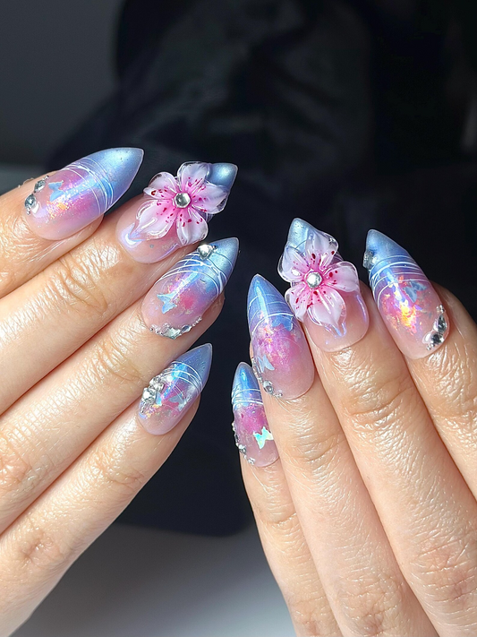 Aurora Galaxy フラワー ネイルチップ｜Iridescent クローム スティレット ネイル｜3D Sakura フラワー ネイル｜Fantasy バタフライ ネイルアート｜DB1044HC