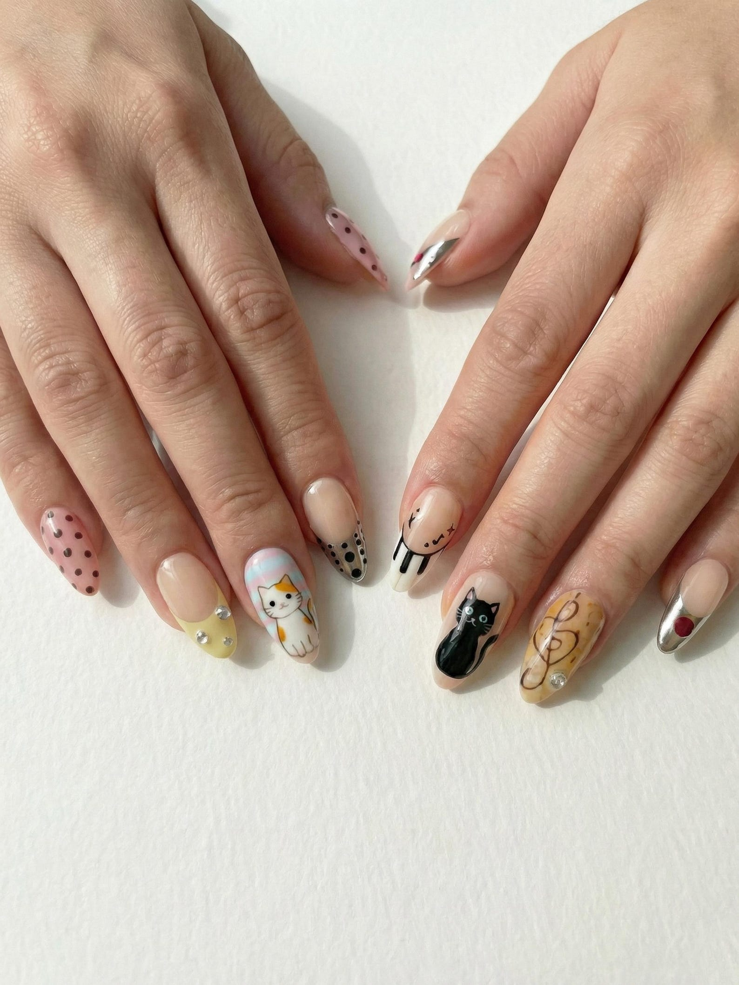 かわいい キャット & Music ネイルチップ for かわいい Girls｜ハンドメイド パステル Polka Dot ネイルチップ｜シルバー スター Art ネイルセット｜JB285E
