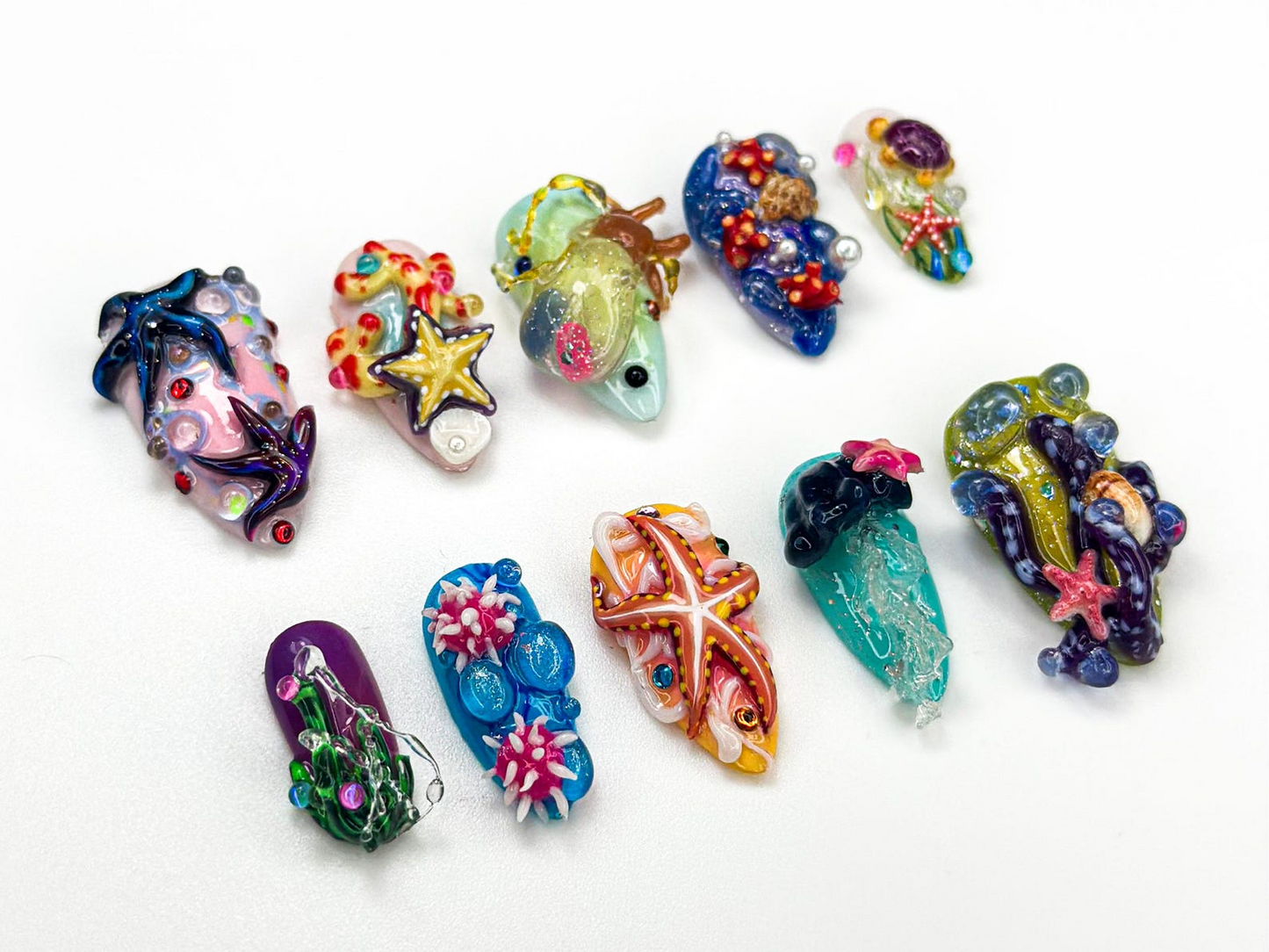 3D スターfish Coral ネイルチップ｜ディープシー Ocean ネイルチップ｜Mermaid Jellyfish Underwater ネイルアート｜ハンドメイド 夏 Beach Nail｜JA922HC