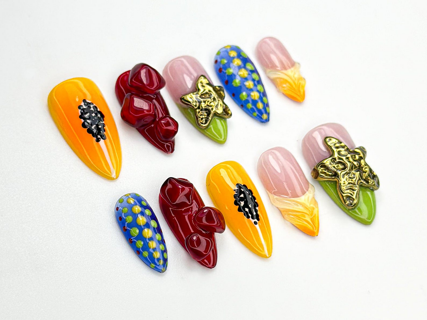 Tropical Fruit ネイルチップ｜3D Papaya, Corn & Dragonfruit｜鮮やか ハンドメイド ネイルアート｜Exotic 夏 ネイルセット｜かわいい Fruit Nail｜JB873H