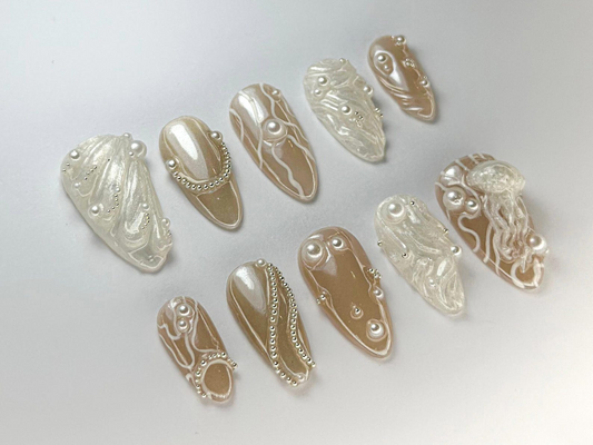 3D パール Jellyfish ネイルチップ｜Ocean・風 パール ネイルセット｜上品 ヌーディー & パール ネイルアート｜きれいめ Ocean Nail｜Ocean Theme｜JB721HC