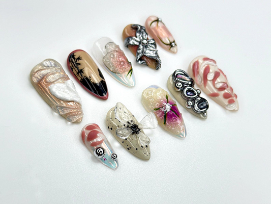 Abstract Blossom Art ネイルチップ｜Mixed Media 3D Nail Sculpture｜ハンドメイド アーティスティック Nail Tips｜メタリック フラワー Fantasy Set｜JB956EC
