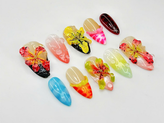 3Dフラワー ネイルチップ｜ハンドメイド フラワー ネイルセット｜Tropical Press On ネイルセット｜鮮やか 夏 ネイルアート for Women｜JB912DC