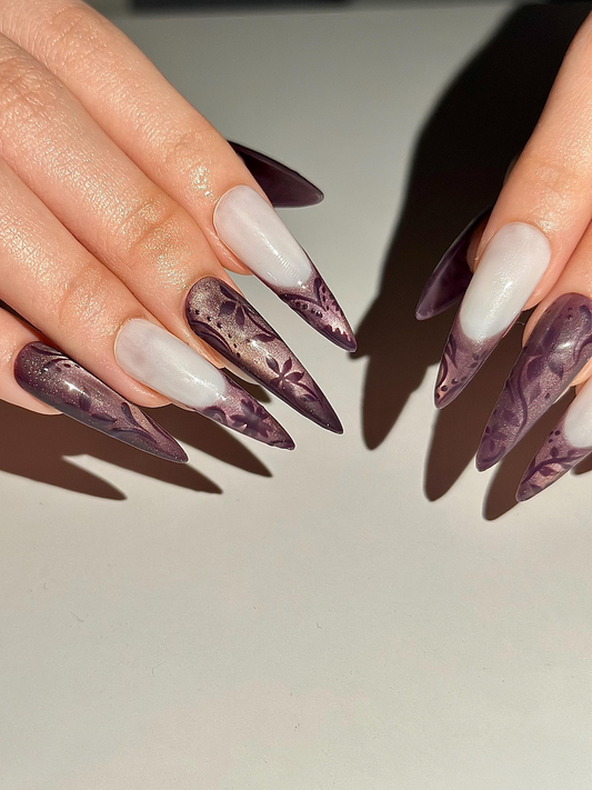 Dark パープル キャットアイ ネイルチップ, Mystic フラワー フレンチチップ ネイル, Ethereal Smoky Velvet ネイル, ゴシック 上品 スティレット ネイルチップ, HC1292HK