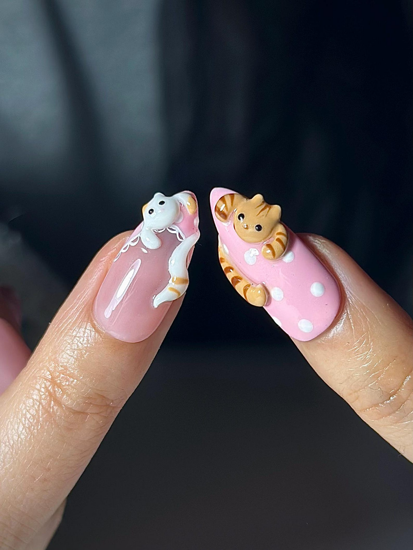 かわいい キャット ピンク ネイルチップ｜3D Kitty ネイルアート｜Kawaii パステル チェック ネイル｜ハンドメイド Character ネイル｜やさしい印象の Girl キャット ネイルチップ｜JB323HC