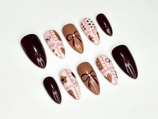 Chocolate 秋 ネイルチップ｜Sweet Treats・風 ネイルアート｜やさしい印象の ピンク & ブラウン ハンドメイド Design｜ハンドメイド ユニーク ネイルセット｜JB182HC