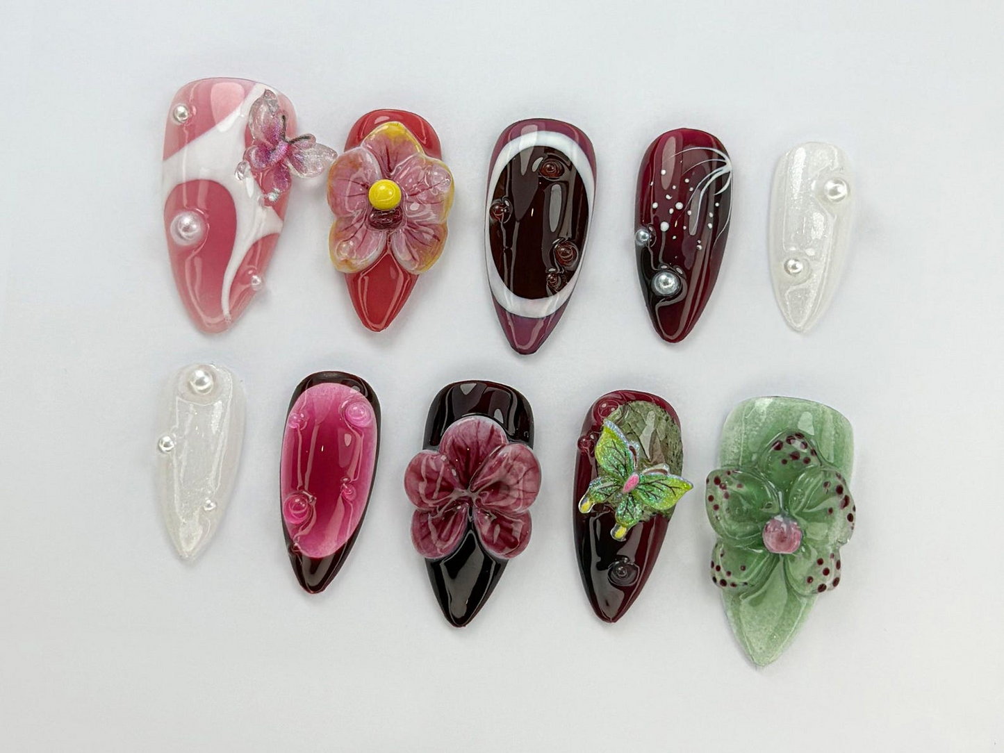 Burgundy バタフライ ネイルチップ｜Orchid バタフライ ネイルアート｜3Dフラワー 上品 ネイルセット｜Dark レッド Orchid ネイル｜上品 ネイル｜JC743HK