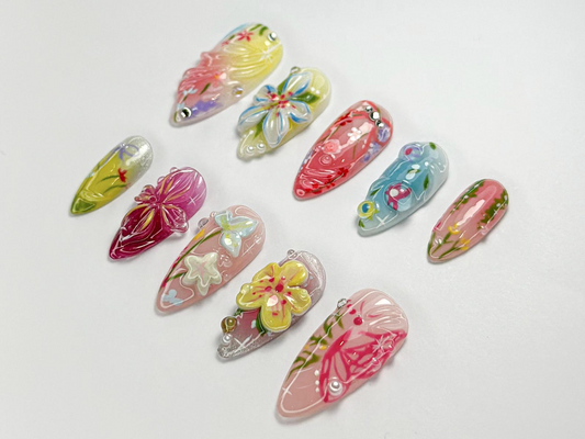 春 Garden Bloom ネイルチップ｜Colorful フラワー 3D ネイルアート｜やさしい印象の パステル ネイルチップ｜ハンドメイド 上品 Set for 春 & 夏｜JB751HK