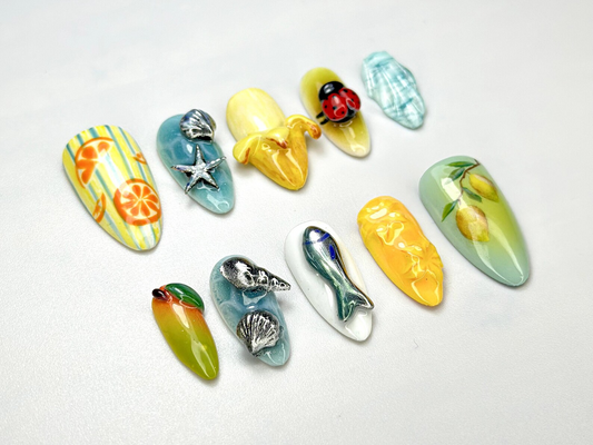 夏 Vibes ネイルチップ｜Tropical 夏 ネイルアート｜Marine・風 ネイルセット｜ハンドメイド Lemon & オレンジ ネイルセット｜JB695HK