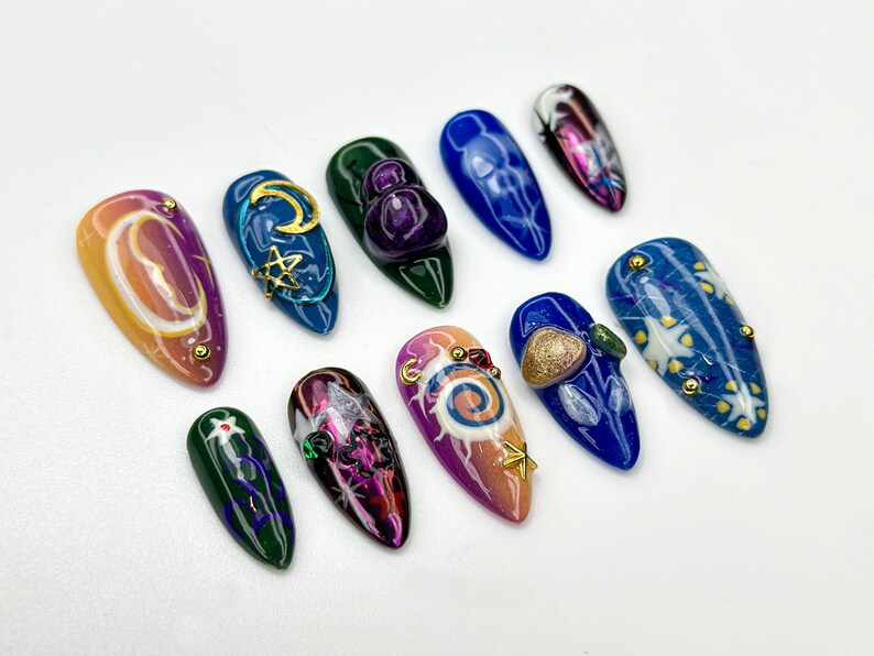 Galaxy Swirl ネイルチップ｜Cosmic スター ムーン ネイルアート｜Mystical Space 風 ネイル｜パープル ブルー Galaxy Tips｜Celestial Nail｜JB936HC