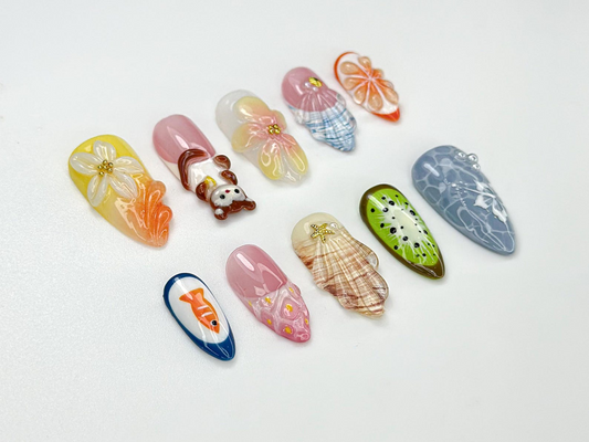 夏 ピクニック Mokey ネイルチップ｜3D Fruit & フラワー Art｜Fun Mismatched Vaキャットion ネイルセット｜Playful Beach ピクニック Nail｜かわいい ネイル｜JC976HC