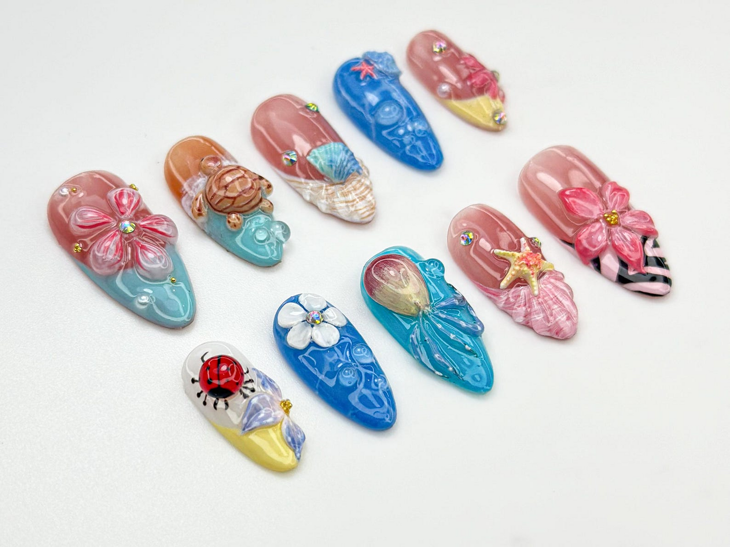 Tropical シー タートル ネイルチップ｜3D Beach Shell & スターfish ネイル｜ハンドメイド 夏 Mermaid Vibes｜Tropical シー ネイルアート｜JB809HK
