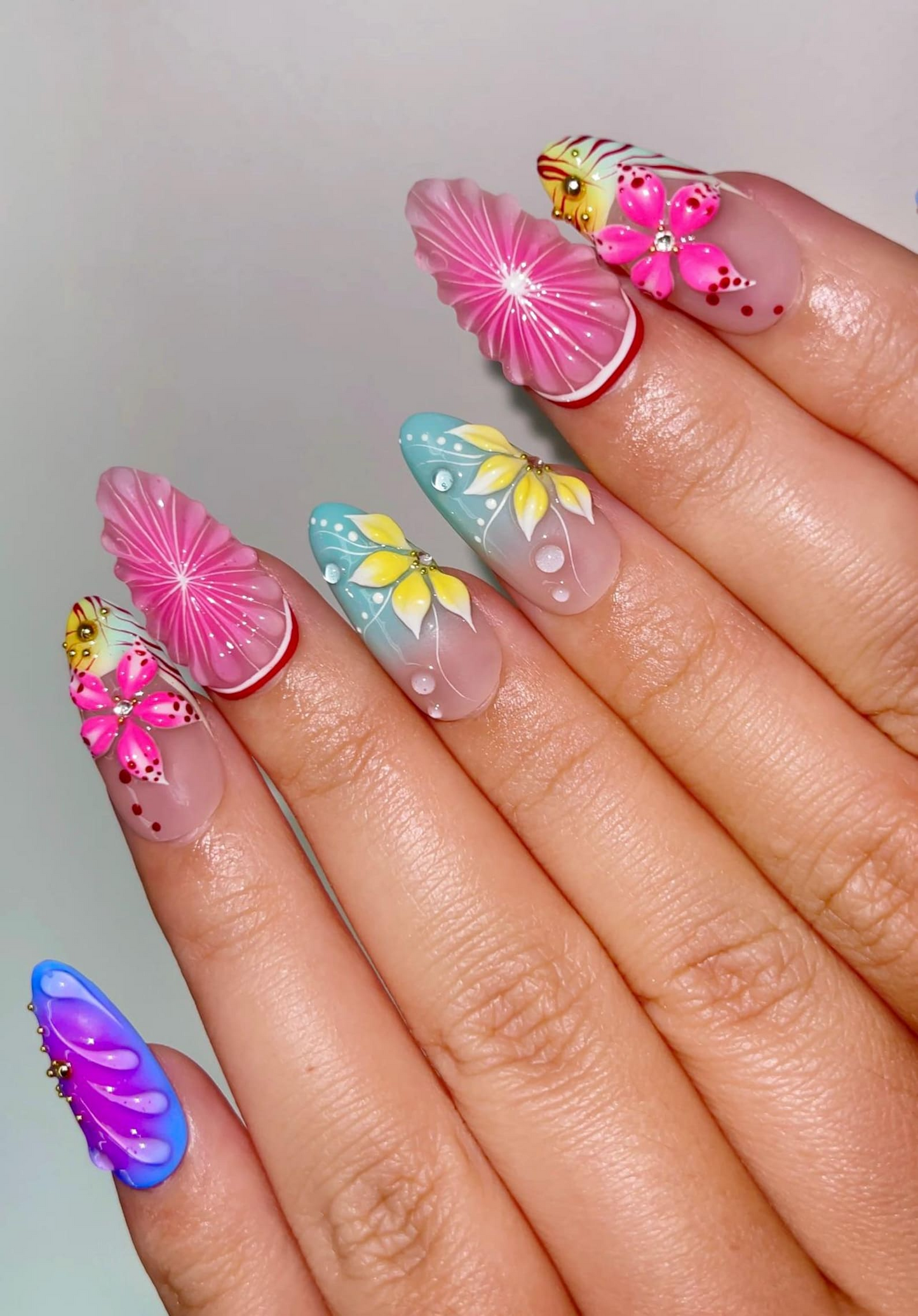 Tropical Bloom ネイルチップ｜3D フラワー 夏 ネイル｜Colorful Citrus Slice ネイル｜Hand Painted フラワー ネイル｜Vaキャットion ネイル｜JB319H
