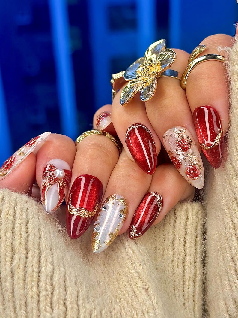 ネイルチップ For クリスマス｜ホリデー クリスマス ネイル｜ゴールド Leaf 上品 ネイルアート｜パール Accent きれいめ ネイル｜JB210EC