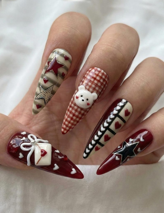 Nail Tabs for ネイルチップ – チェリー ハート Teddy ギンガム ヌーディー レッド バレンタイン ネイル