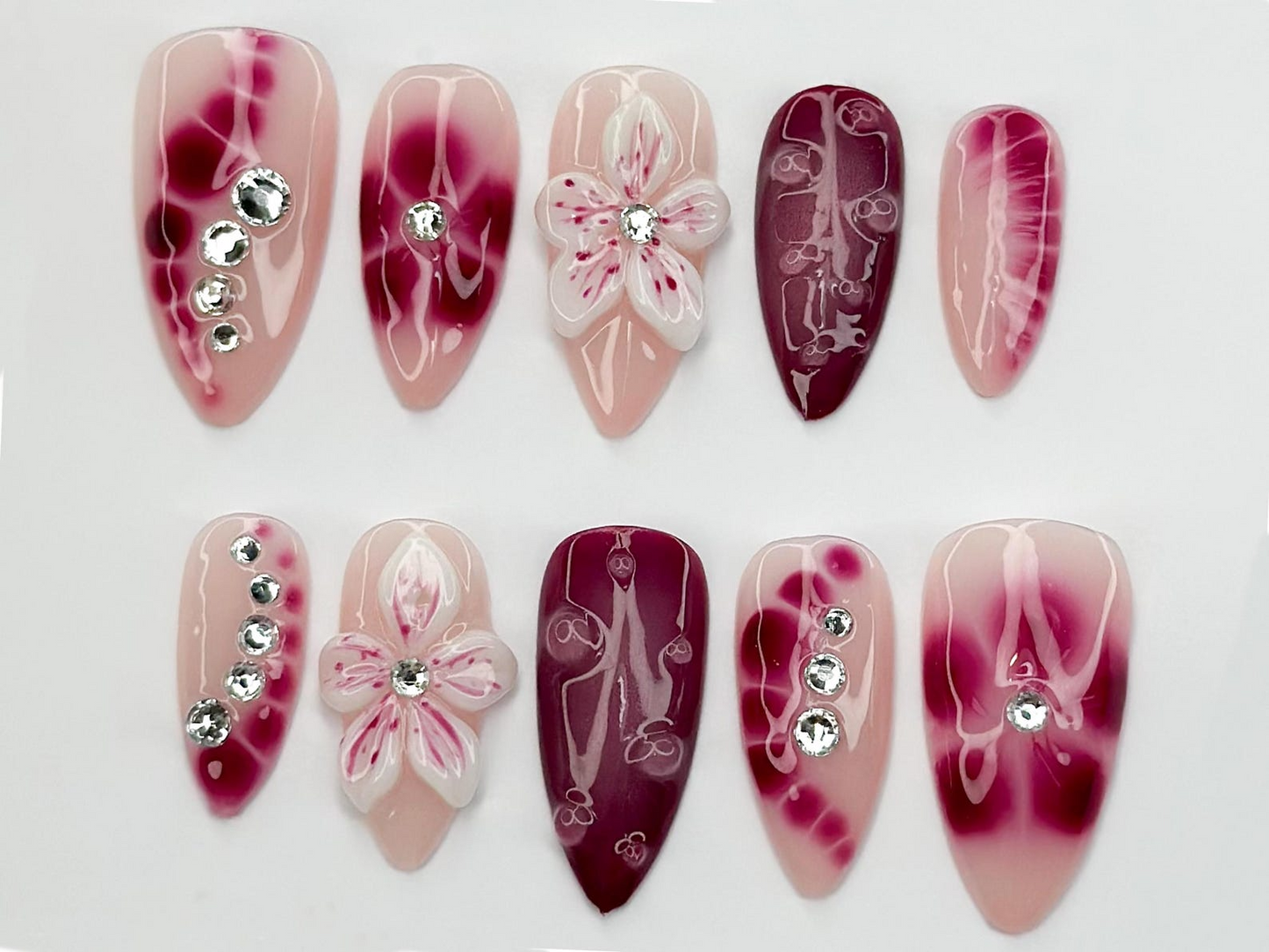 Hand Painted ネイルチップ｜フラワー Accent ネイル｜3Dフラワー・ラインストーン Accents｜Perfect for Special Occasions｜JB740LK