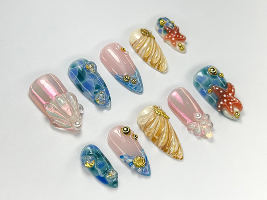 夏 Beach Vibe ネイルチップ｜ハンドメイド Shell and スターfish ネイル｜上品 シー・風 ネイルセット｜Beach 夏 Vibes｜JC757H