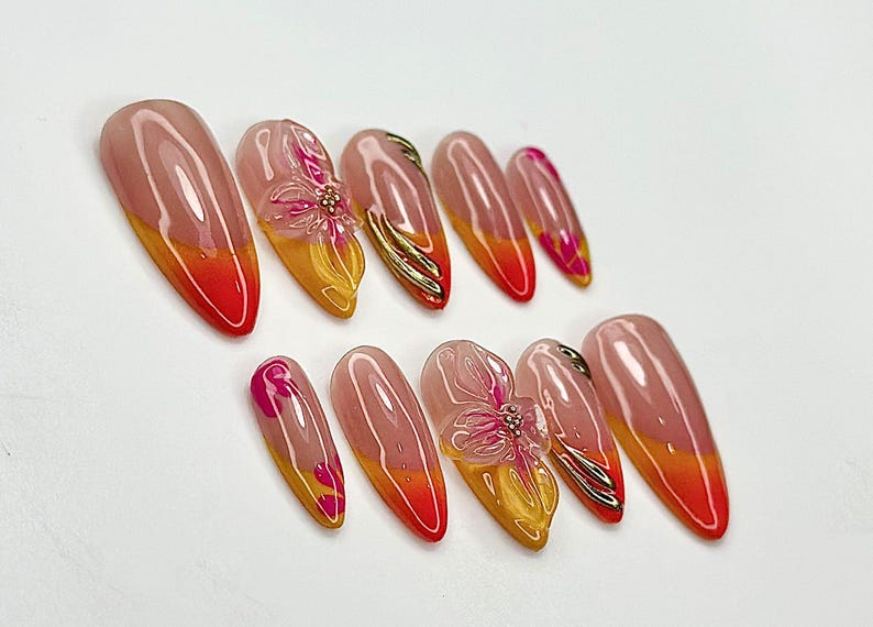 フラワー ネイルチップ｜ハンドメイド 3D フラワー ネイルアート｜夏 グラデーション Nail Tips｜オンブレ Sunset Colors｜カスタム ネイル｜JC905E