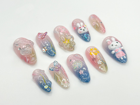 3Dバニー パステル ネイルチップ｜3D ラビット & バタフライ ネイルアート｜Sparkly かわいい フラワー ネイル｜オンブレ ピンク ブルー ネイルチップ｜JC851HC