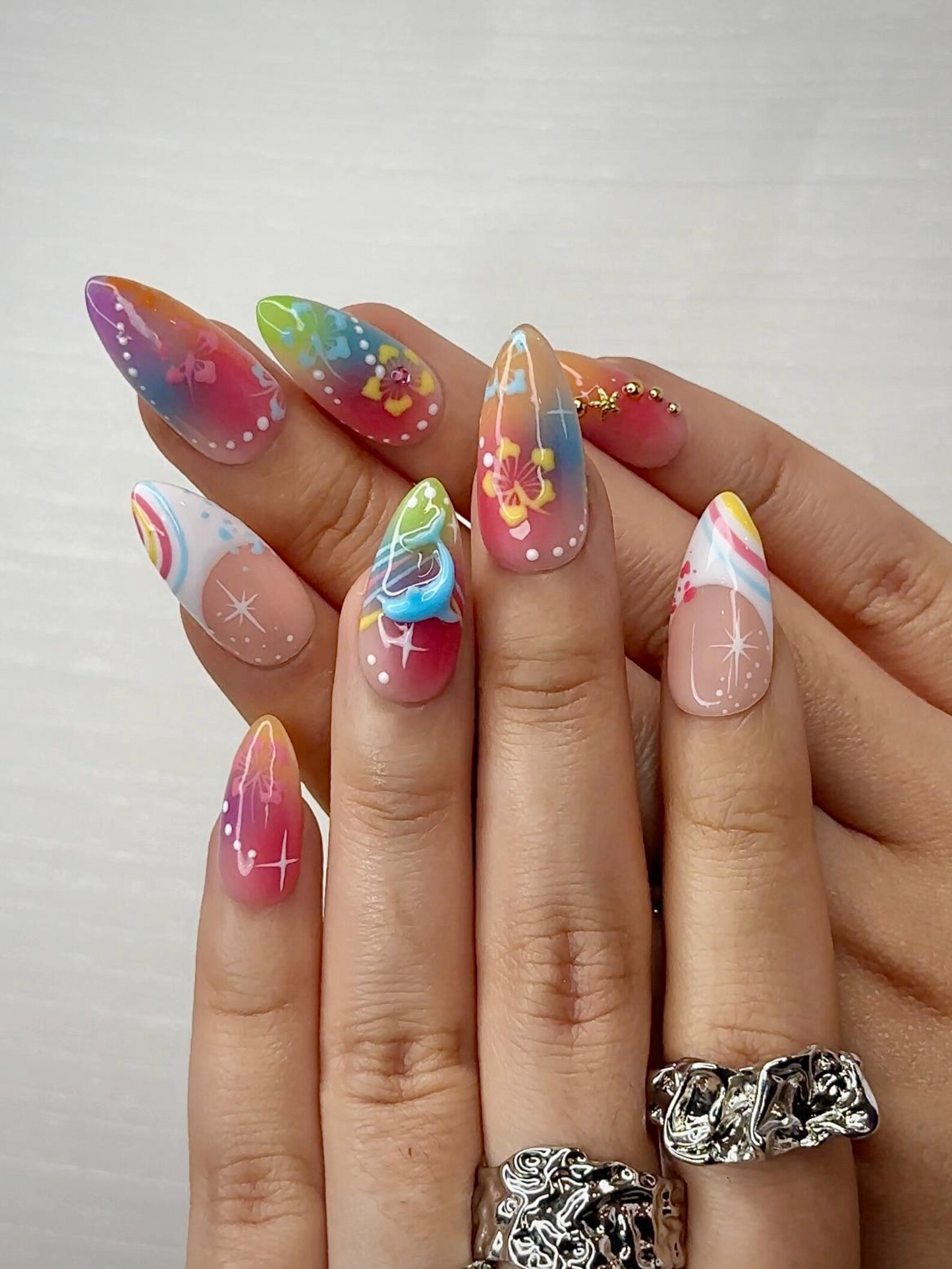 Midnight Sun ネイルチップ for Y2K Lovers｜Sunset オンブレ Rainリボン ネイル with 3Dフラワー Art｜90s Nail Design｜アーティスティック ネイルチップ｜JB290HC